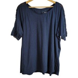 Sonoma Women Pullover Top Blue Navy 3X Crochet Shoulders & Trim Short Sleeve